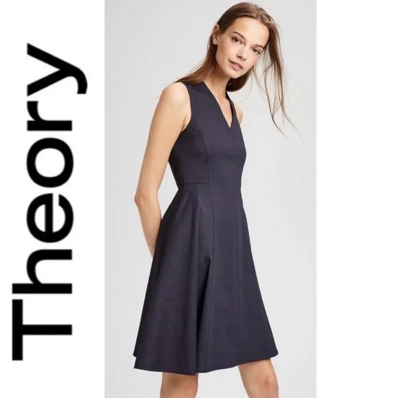 THEORY LINEN KALSINGTON FIT & FLARE DRESS 4 NAVY BLUE MIDI SLEEVELESS POCKETS - Picture 2 of 16